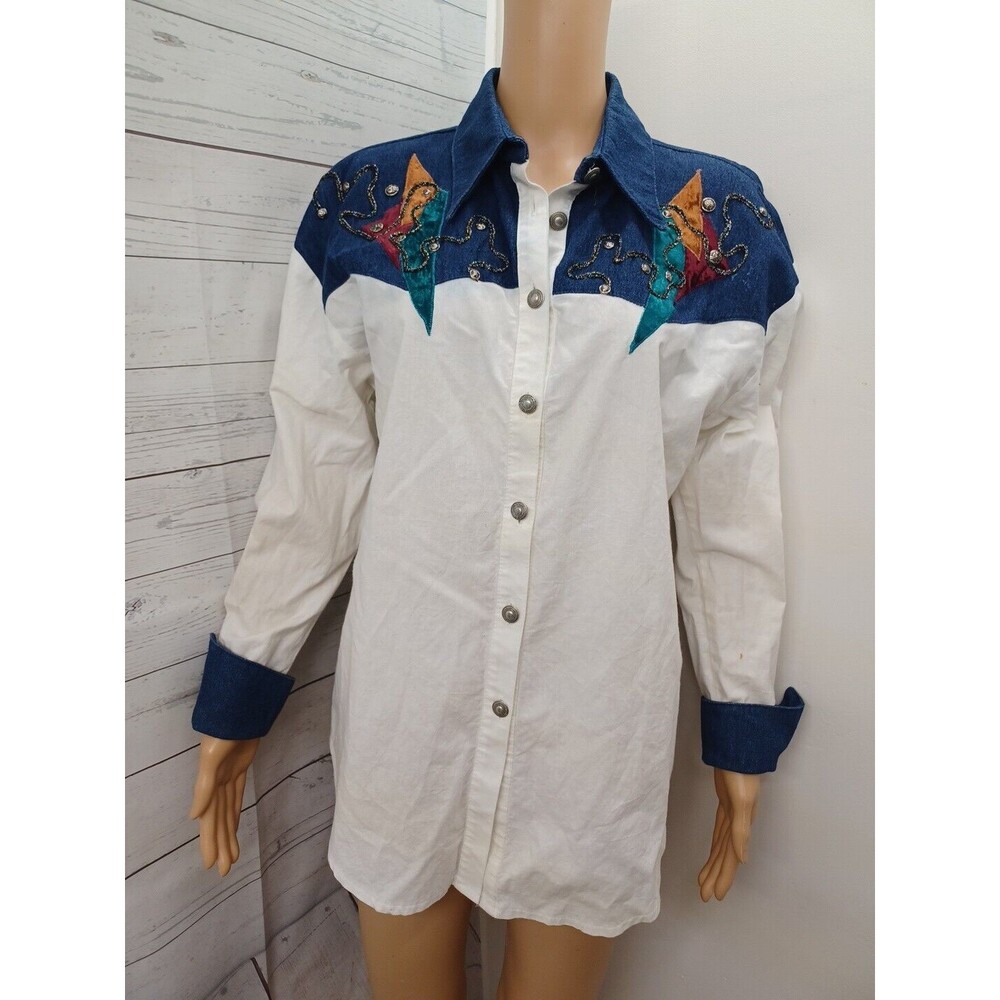 City Girl Sport Shirt Western Beaded Denim Applique Jean Retro Embellished Sz M